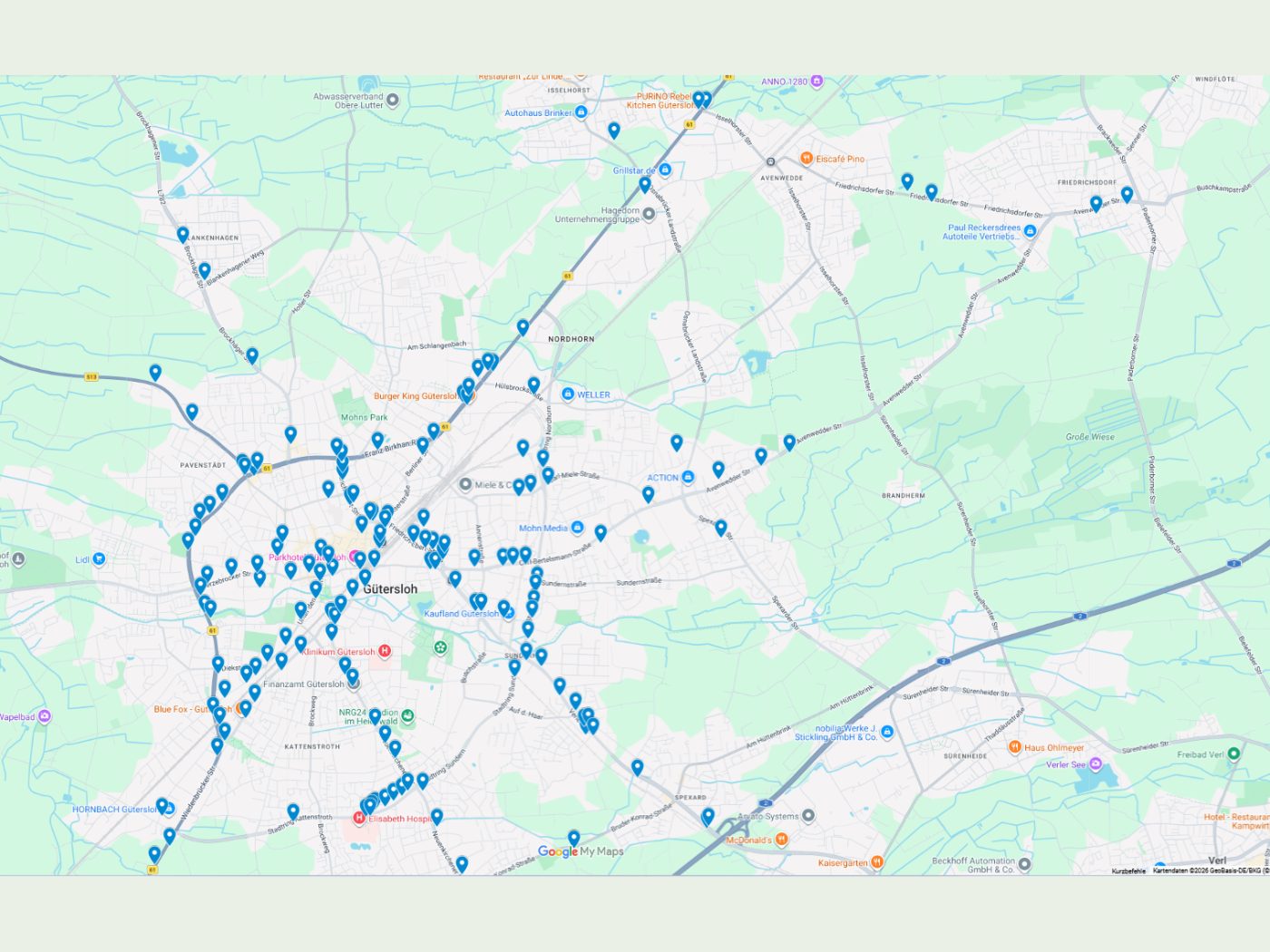 Karte des PrimoBau-Werberahmennetzes mit rund 145 Standorten im Stadtgebiet Gütersloh